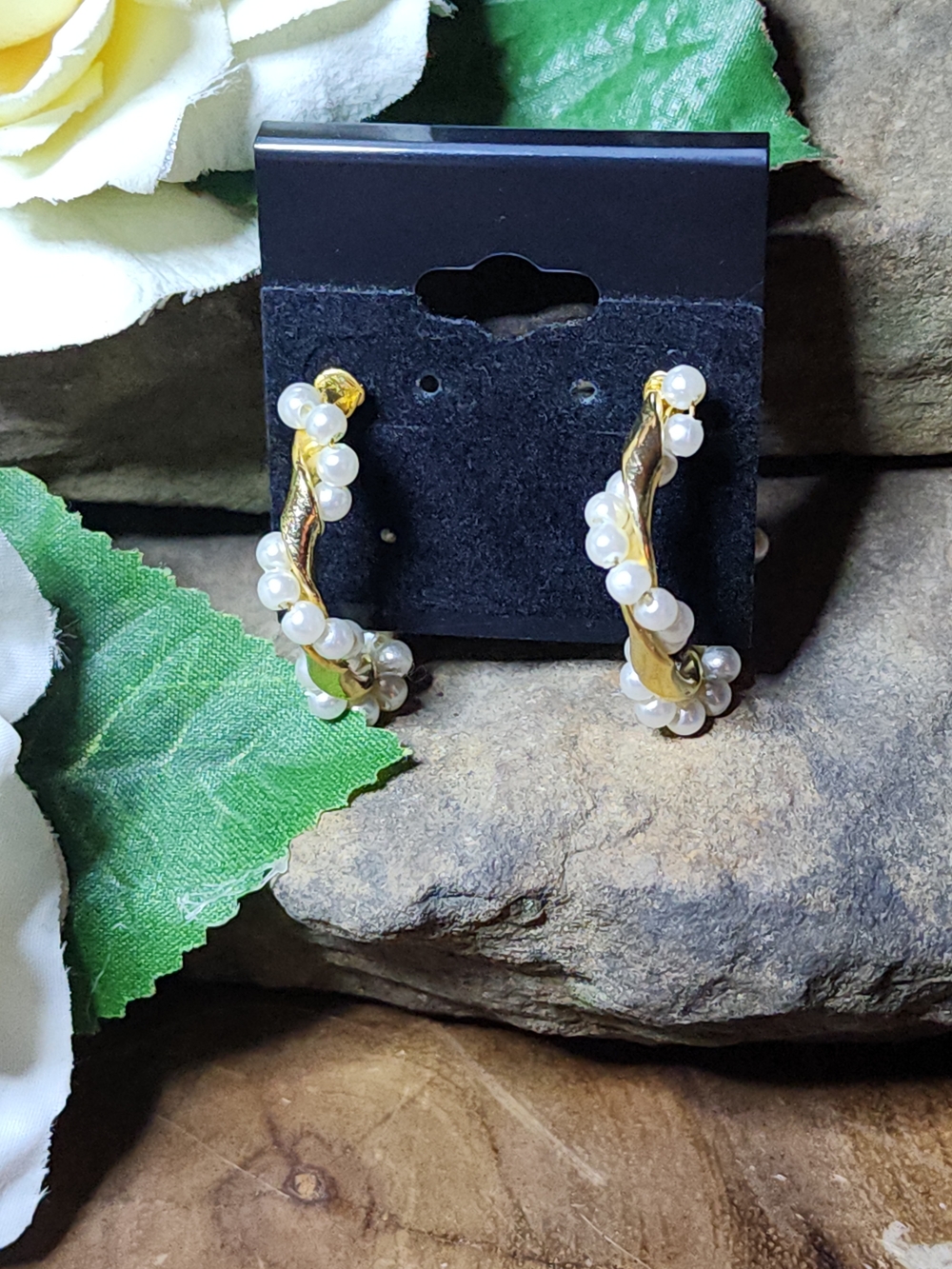 Gold Toned Hoop Earrings with Faux White Pearls - Women Jewelry - Picture 3 of 6